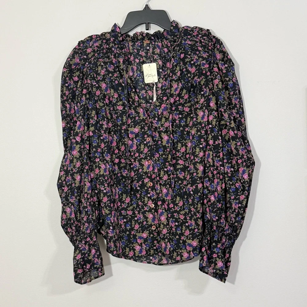 Boho Floral Free People Puff Sleeve Cotton Blouse Black NWT Size XS Extra Small